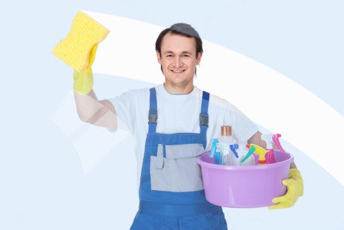 Cleaning setup showing protective care for flooring and furnishings